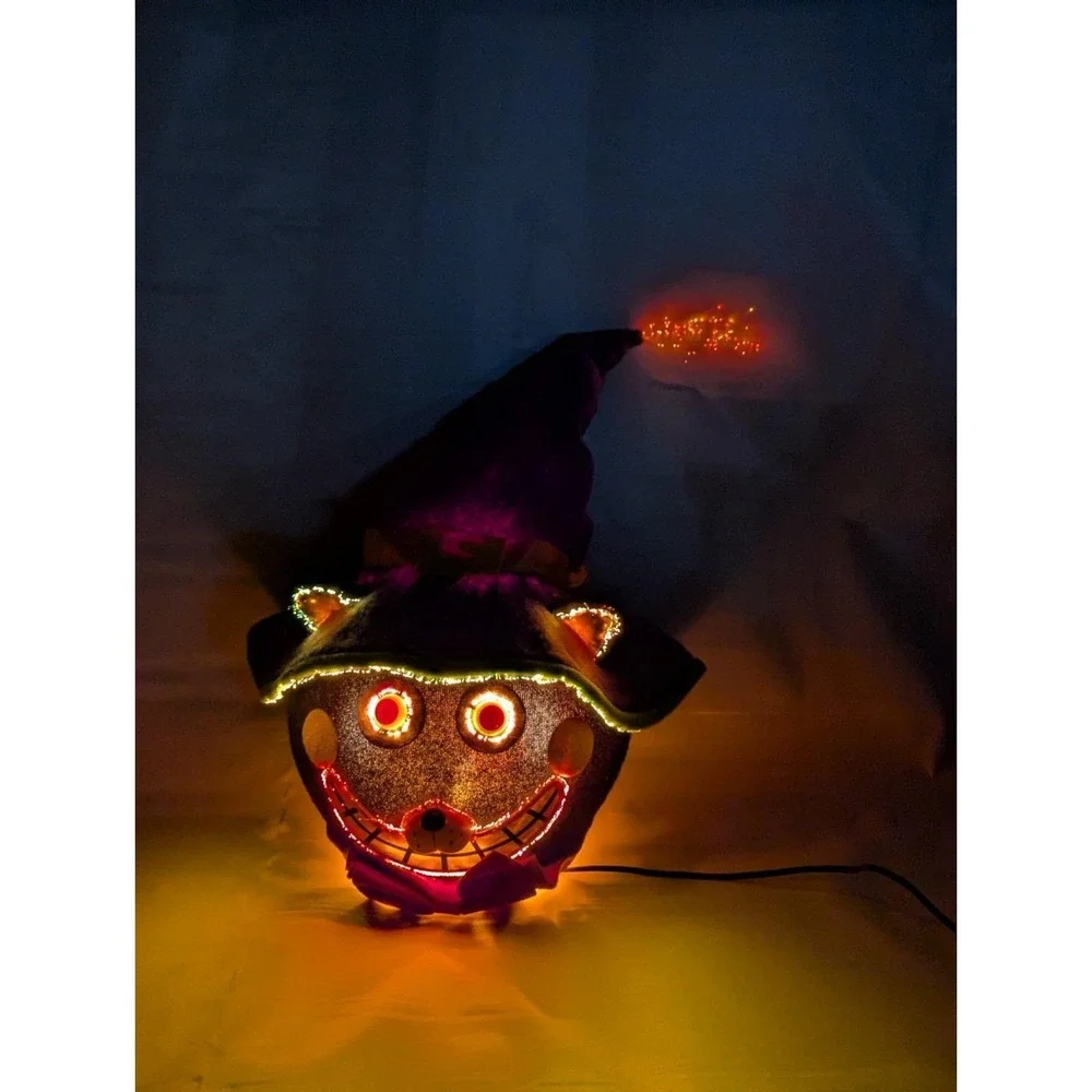 Vtg Gemmy '04 Fiber Optic Haunted Head Black Cat Light Color Change Halloween